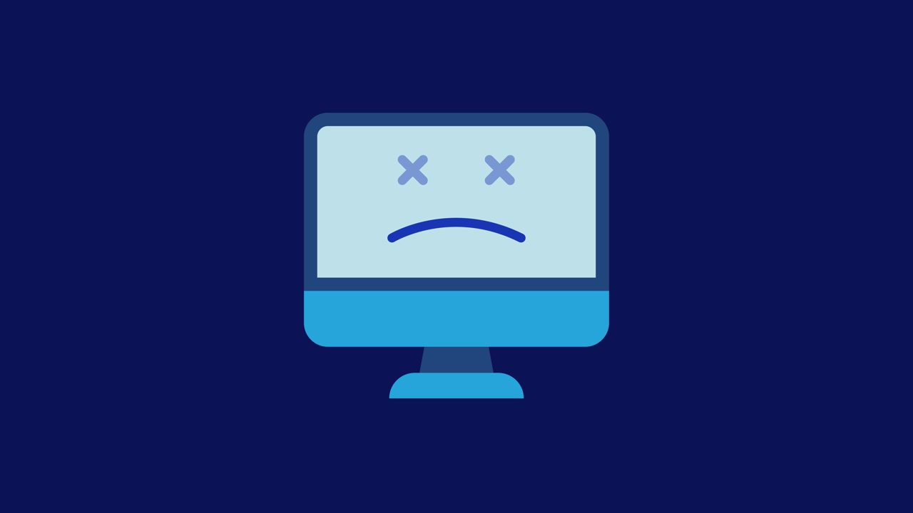 Computer displaying error emoji face animation isolated on blue background