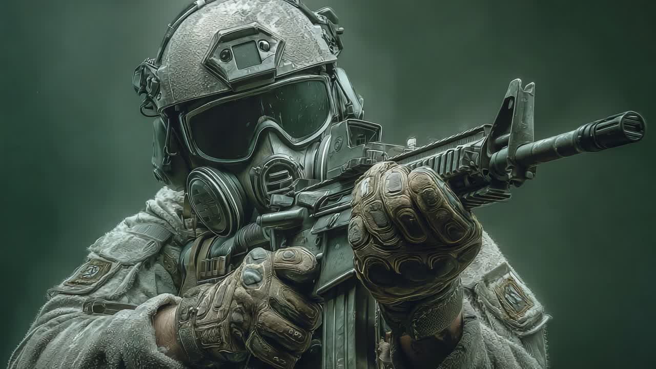 Un Operatore Tattico in Piena Attrezzatura da Combattimento Mira con un Fucile: La Grinta e la Determinazione della Guerra Moderna Sono Catturate in Questo Scatto Mozzafiato