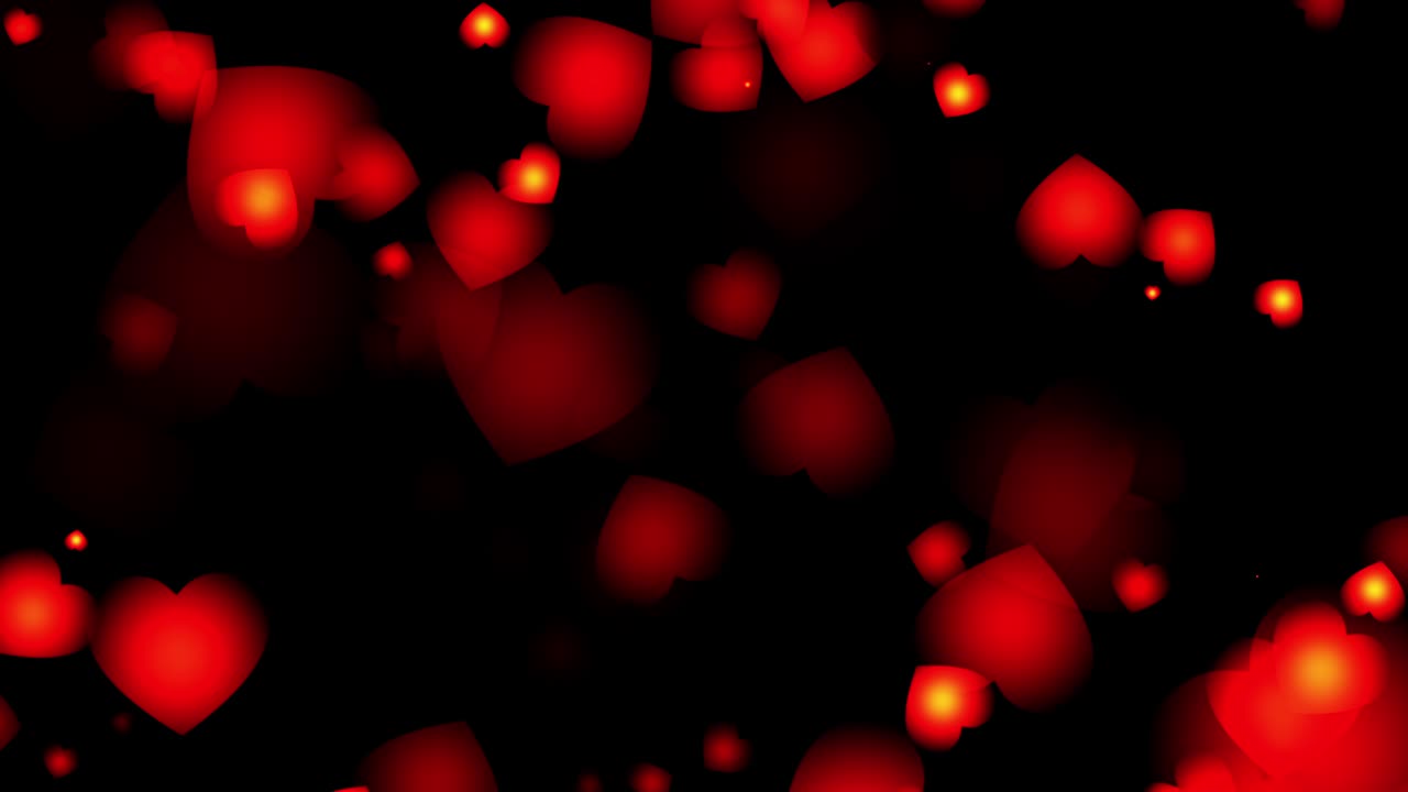 Abstract Glowing Red Hearts Particle Fade in and out bokeh floating on black screen background Loop Animation. 4K 3D loop. Love background effect for mothers day, Marriage, Valentines day, Wedding.