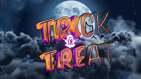 animación del texto de trick or treat de halloween sobre el cielo nocturno con luna