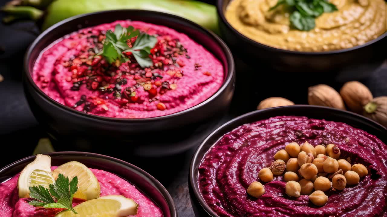 Beetroot hummus, classic hummus and colorful variations served with chickpeas, lime, spices, herbs and walnuts, enjoying a healthy vegetarian or vegan meal