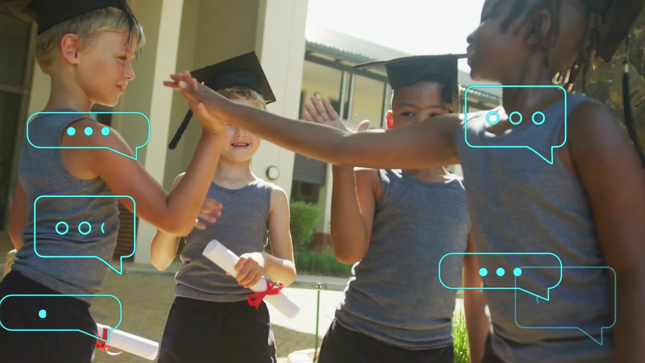 Four boys on diploma reveal exchanging high-fives for graduation, cyan bubbles animating over caps