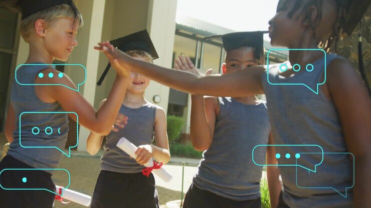 Four boys on diploma reveal exchanging high-fives for graduation, cyan bubbles animating over caps