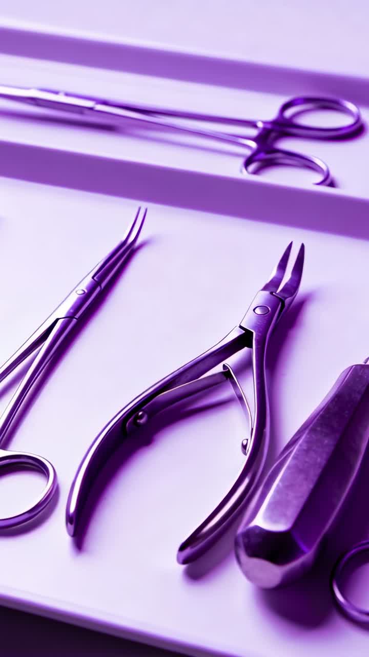 Instrumentos Médicos Estéreis Numa Bandeja Sob Luz Roxa