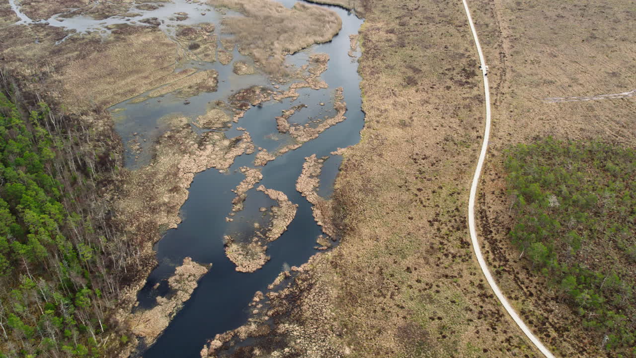 volando sobre el paseo marítimo de los humedales, desde arriba hacia abajo