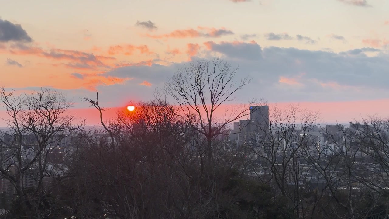 Ampia inquadratura statica di un vivace tramonto rosa su una città giapponese in inverno