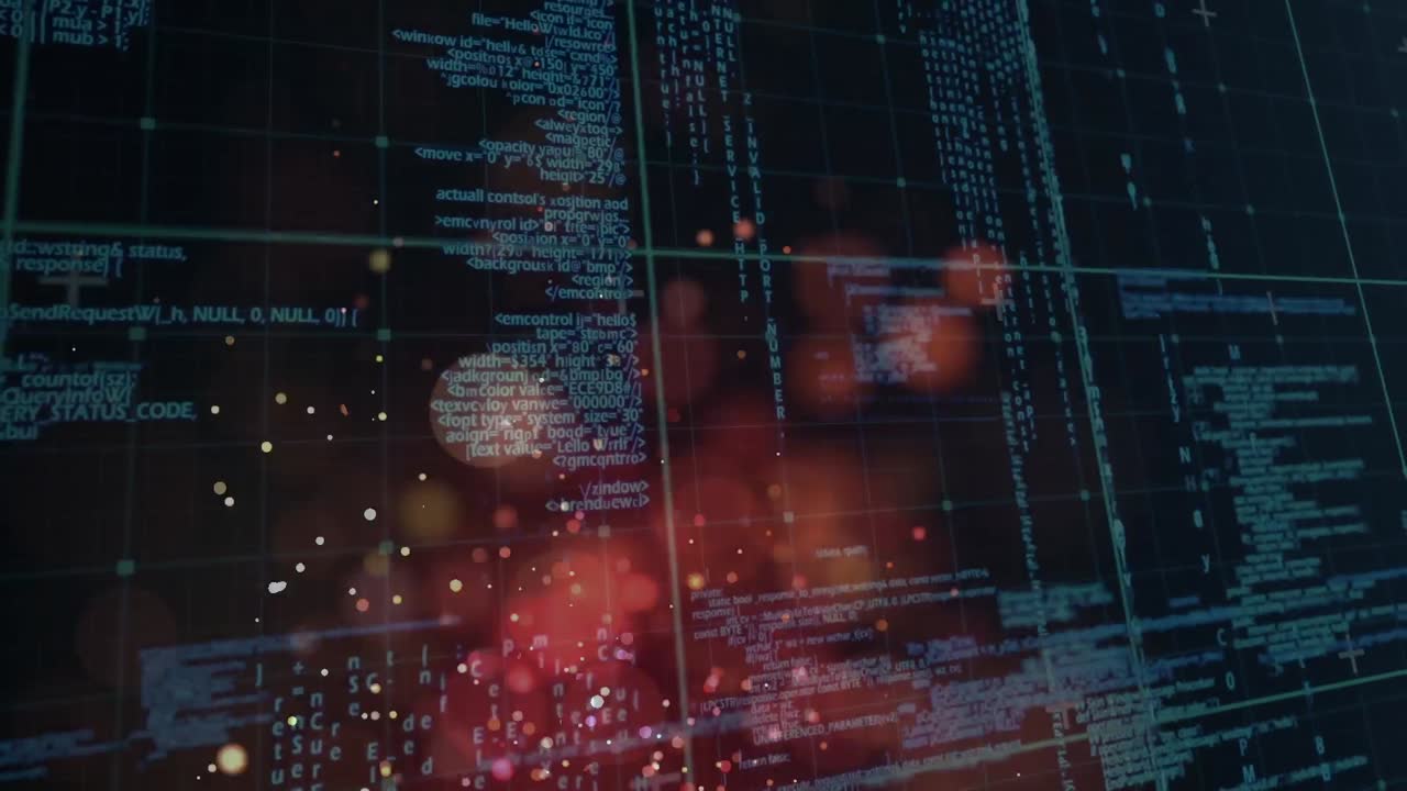 Animation of glowing data processing with markers over grid