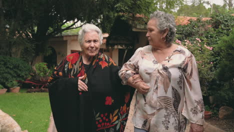 senior sisters walking in park