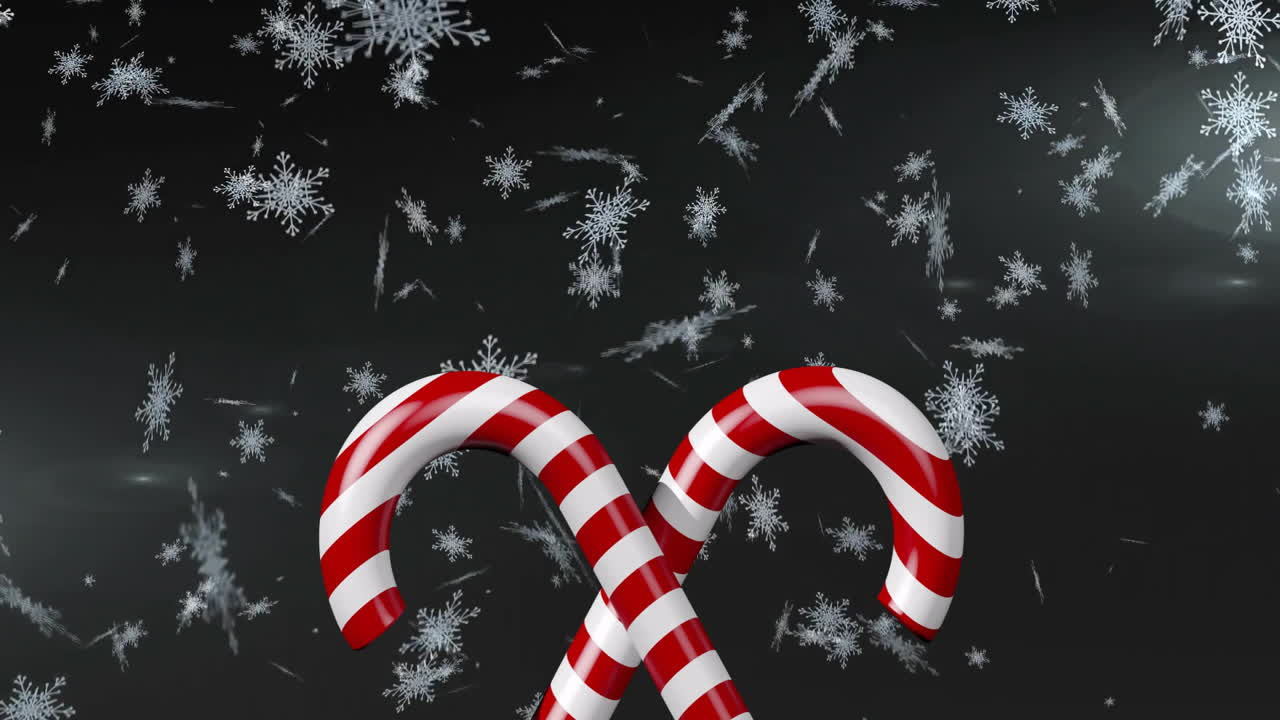 Candy canes and snowflakes animation on dark background, festive holiday scene