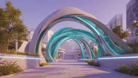 futuristic architectural walkway in a modern city