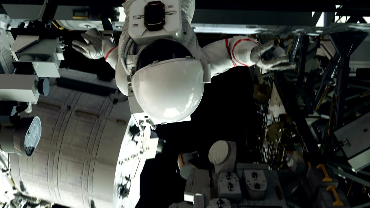 un astronauta trabajando en el iss. animación realista en 4k.