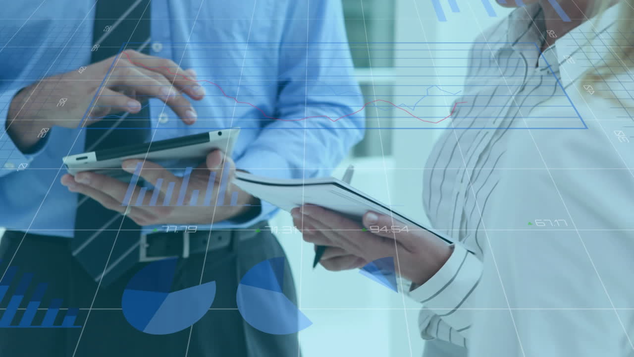 Animation of graphs, loading circles, changing numbers, diverse coworkers sharing ideas in office