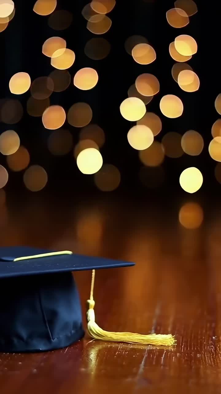 Video dal basso di un tocco di laurea su un pavimento di legno con luci bokeh sullo sfondo.