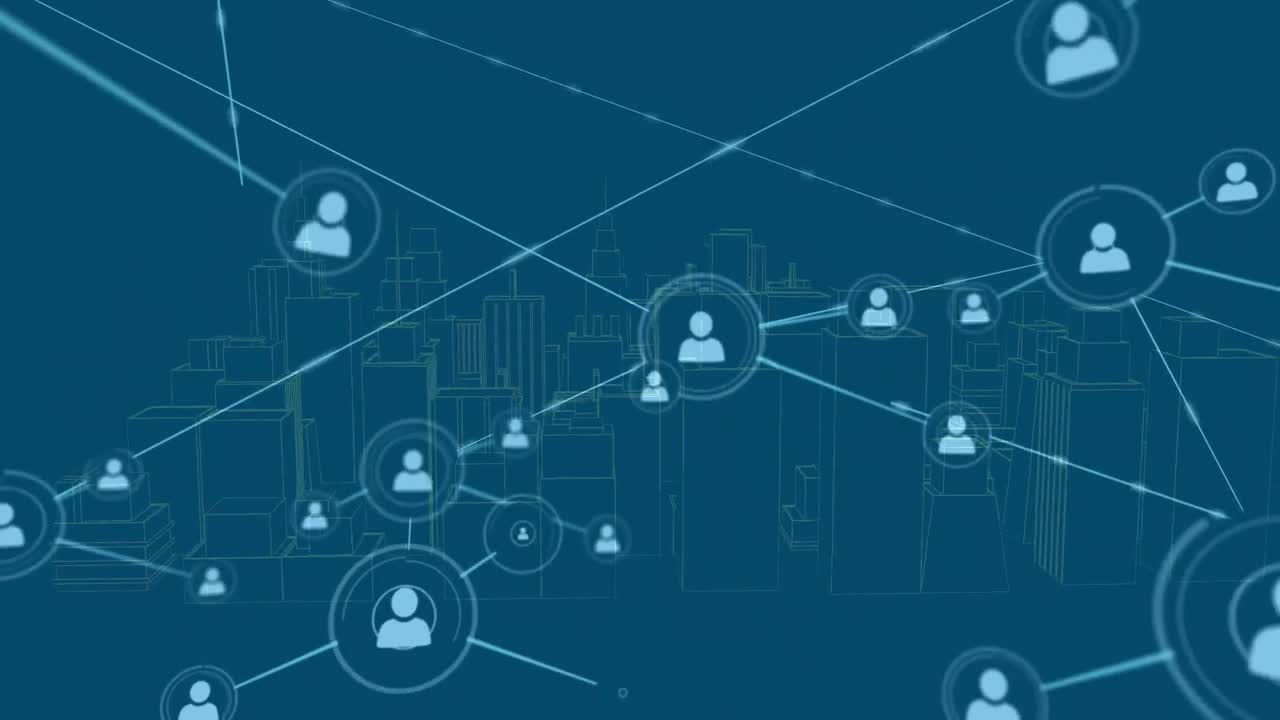 Digital animation of network of profile against 3d city model spinning on blue background
