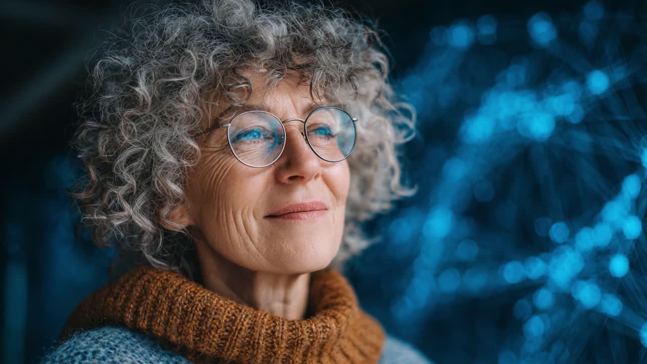 A Thoughtful Elderly Woman with Curly Hair Wearing Glasses and a Sweater, Gazing Upward with Reflection and Contentment Against a Blue Background