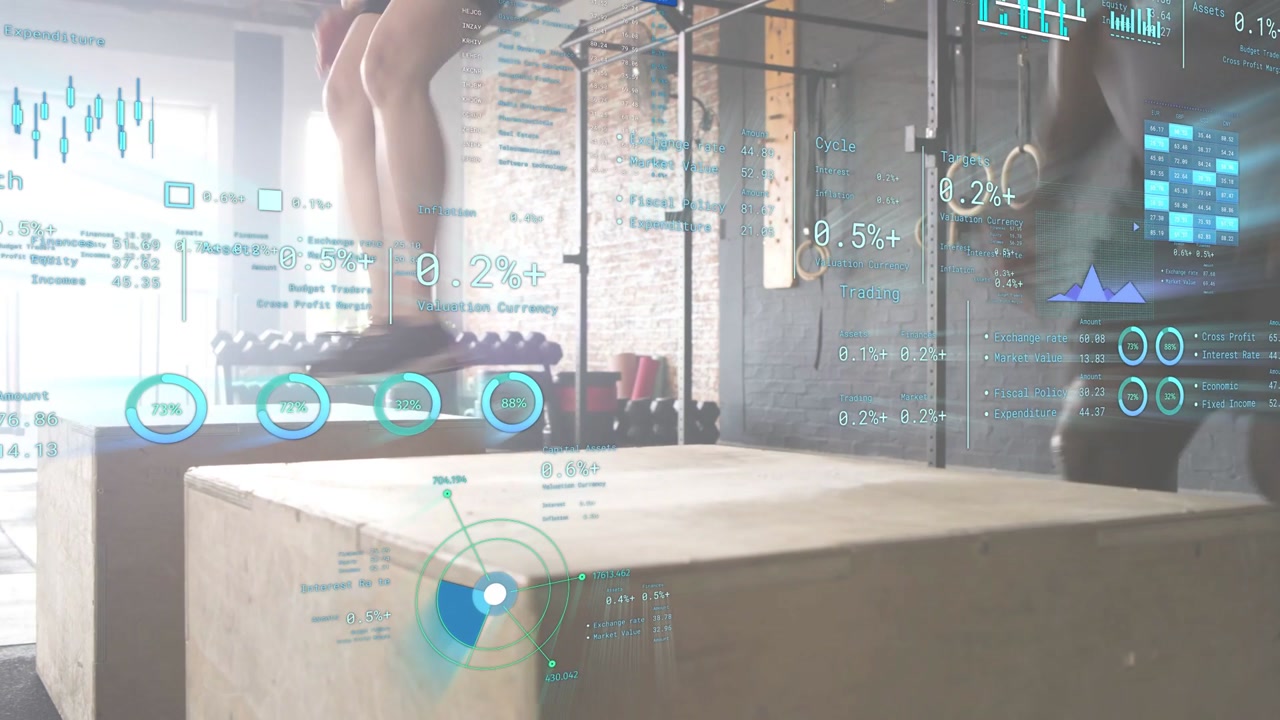 Female athlete initiating rep by jumping onto plyo box trainer monitoring HUD tracking fitness data