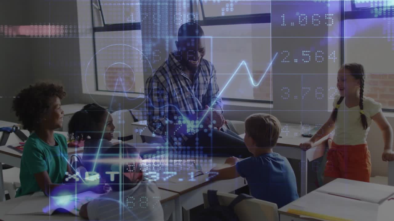 Teacher leaning forward and gesturing in class, causing data graphs rippling and engaging students