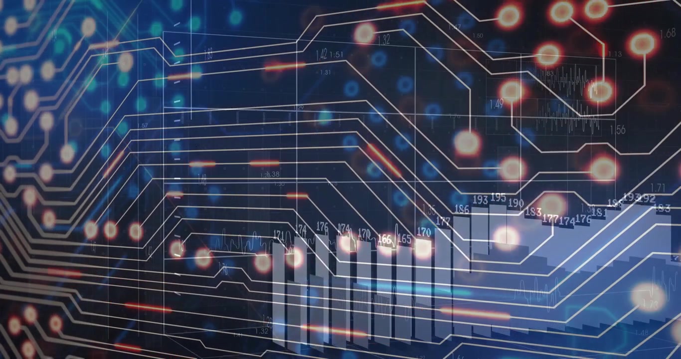 Circuit grid appearing initiating particles drifting, nodes pulsing, bar chart growing showing data