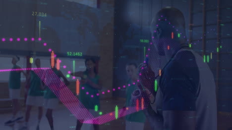 animación del procesamiento de datos financieros sobre diversas jugadoras de baloncesto con entrenador en el gimnasio