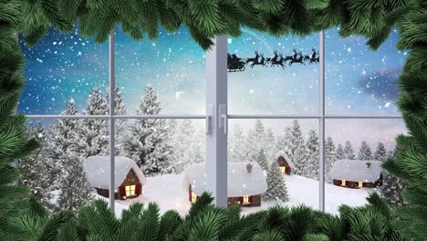 Digital-animation-of-window-frame-against-snow-falling-over-black-silhouette-of-santa-claus