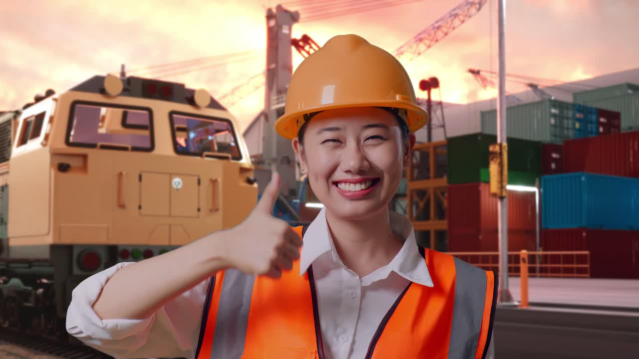 Close Up Of Asian Female Engineer With Safety Helmet Smiling And Showing Thumbs Up Gesture To The Camera With Freight Cargo Train At Port