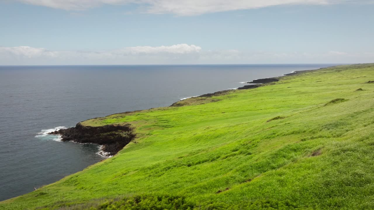 Vista aerea panoramica con drone di una collina verde ricoperta d'erba, formatasi da antichi flussi di lava o magma del vulcano Kilauea sulla Big Island delle Hawaii, mentre grandi onde blu dell'Oceano Pacifico si infrangono.