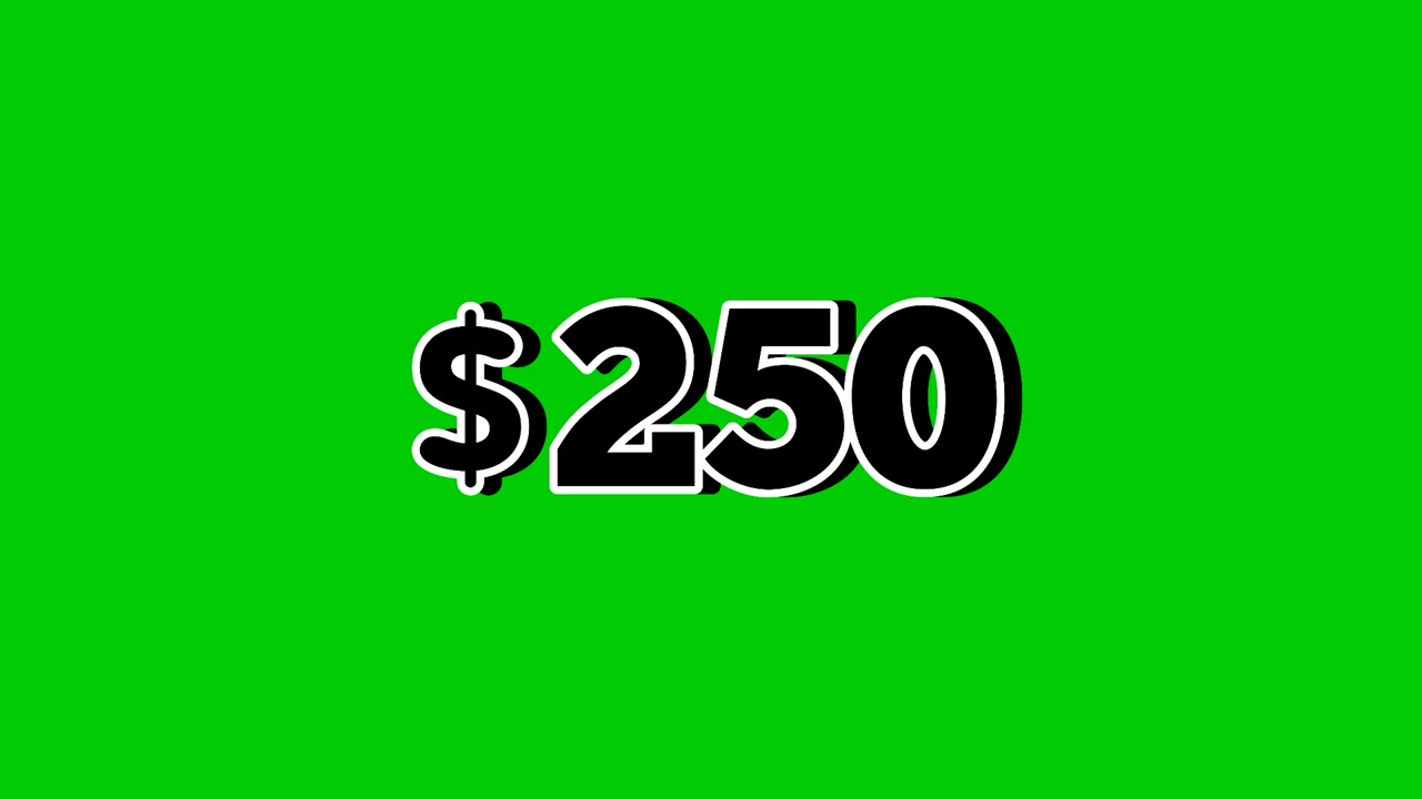 Prezzo animato di 250 dollari con grafica in movimento di effetti di fumo su sfondo verde. Perfetto per pubblicità, e-commerce, vendita al dettaglio, sconti e video di concetto aziendale promozionale