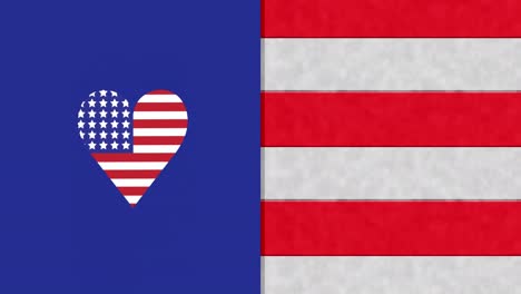 animation of white and red stripes with heart coloured in flag of usa on blue background