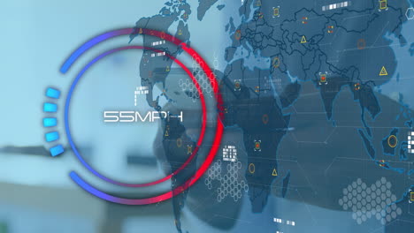 animation of speedometer and world map over mid section of a man using smartphone at office