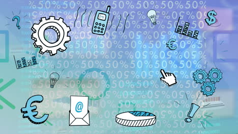 animación de iconos comerciales en la interfaz digital y procesamiento de datos en fondo azul