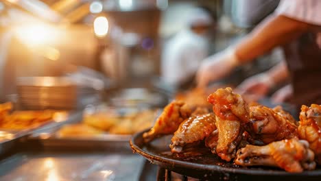 glistening saucy chicken wings with rich glaze plated on sleek black surface, highlighting professional culinary craftsmanship in bustling restaurant kitchen