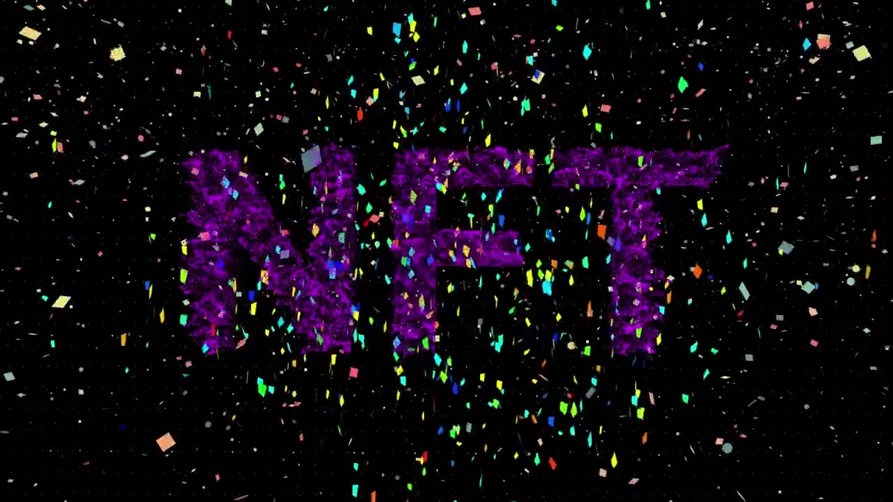 Animation of nft text and confetti on black background