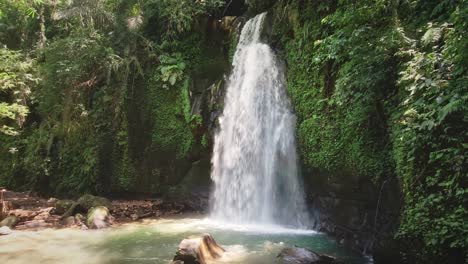 aerial shot of beautiful hidden waterfall in green forest