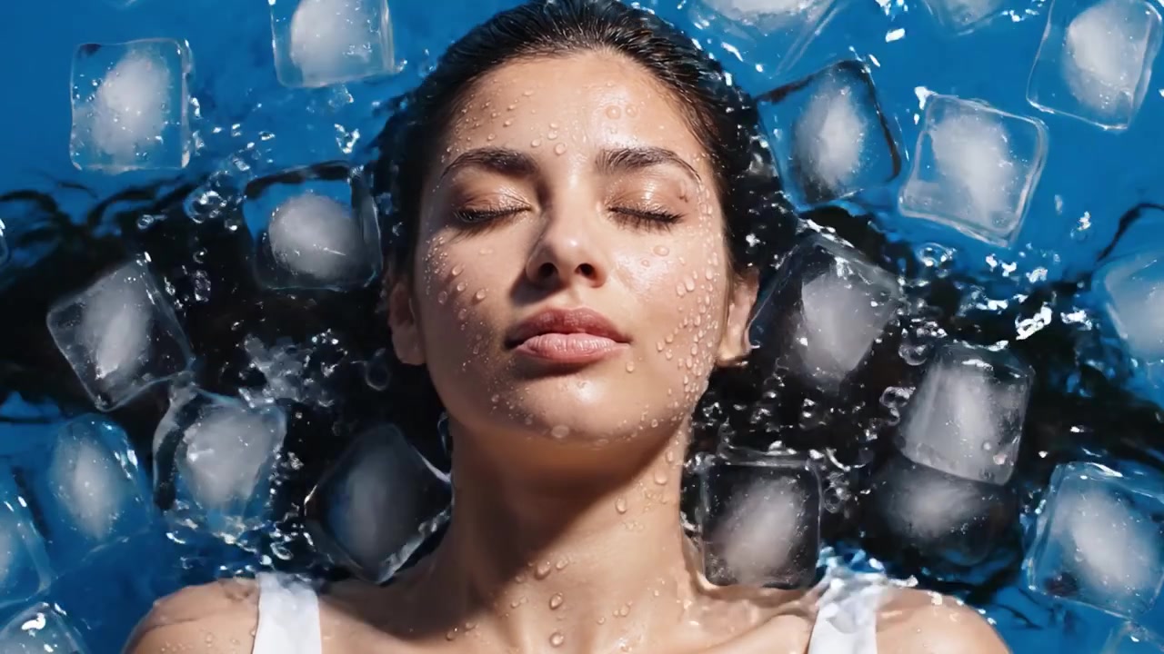 Un momento tranquillo catturato sott'acqua con una giovane donna serena circondata da cubetti di ghiaccio, che promuove il relax e la freschezza in un ambiente acquatico sereno.