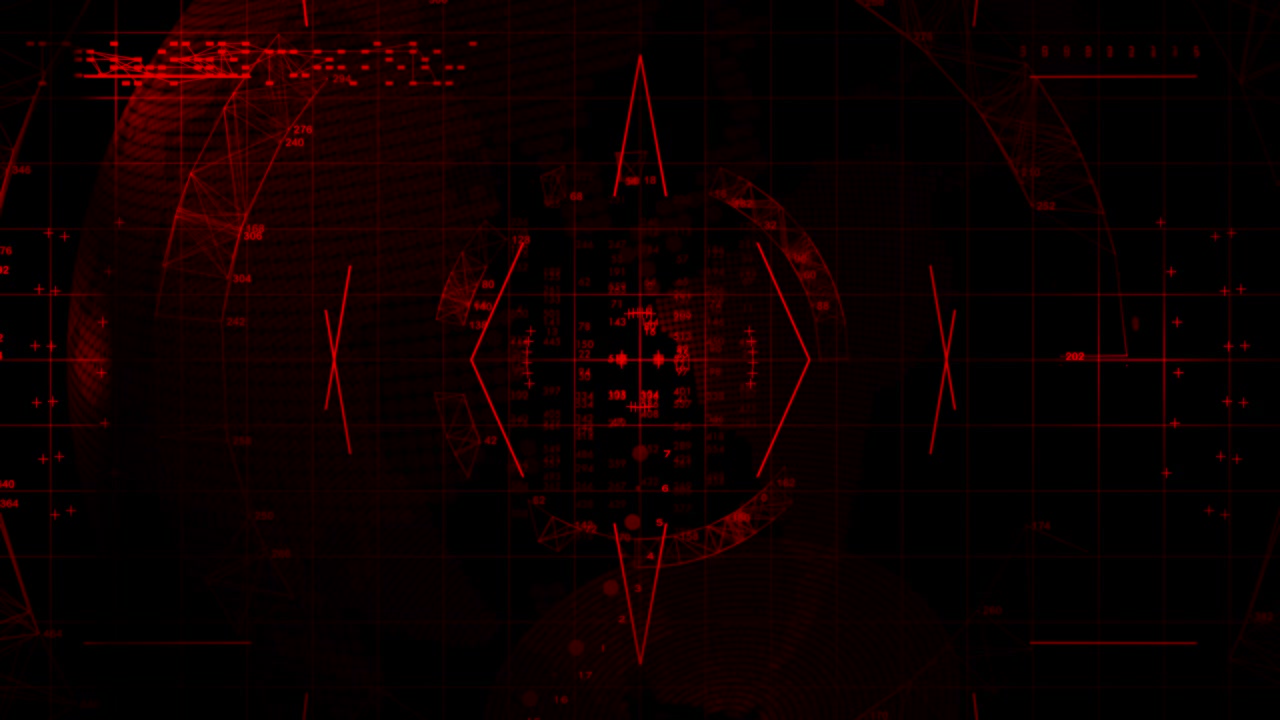 Red glowing tactical HUD interface indicating threat warning, cyber attack breach, or military targeting alert.