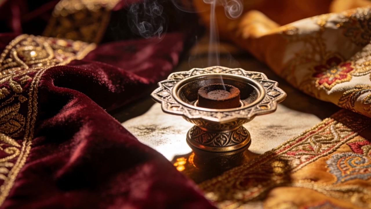 Emitting smoke from glowing ember, ornate incense burner resting on altar, burgundy velvet brocade