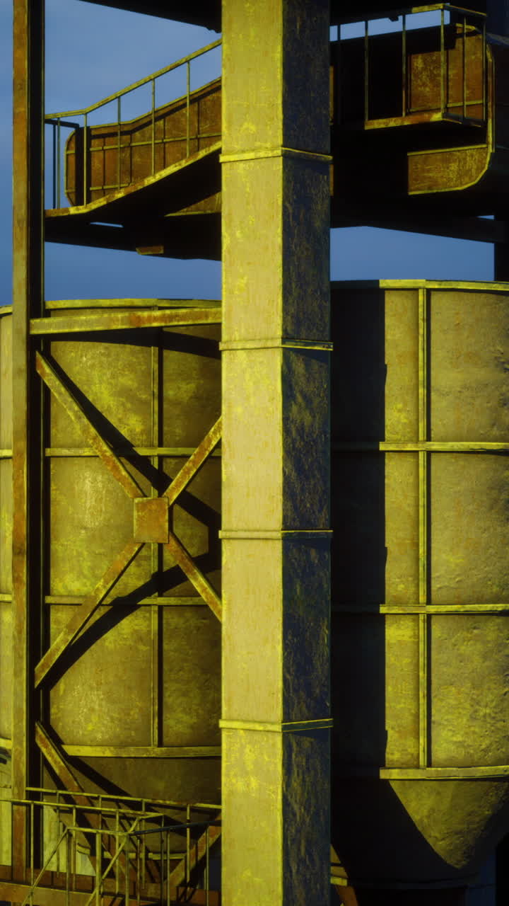 Industrial structures rise under twilight sky in an abandoned town setting
