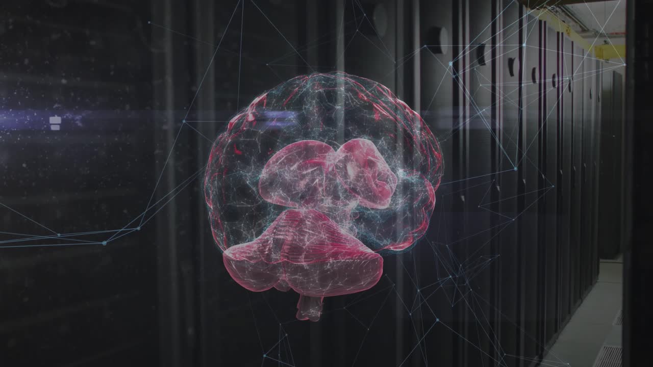 animación de conexiones y cerebro digital sobre la sala de servidores