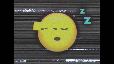 Digitale-Animation-Des-VHS-Glitch-Effekts-über-Emoji-Mit-Schlafendem-Gesicht-Vor-Statischem-TV-Effekt