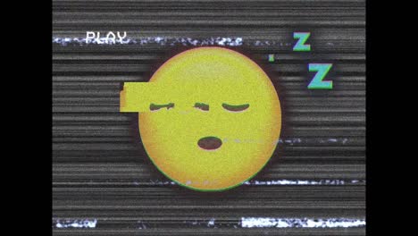 Digital animation of vhs glitch effect over sleeping face emoji against tv static effect
