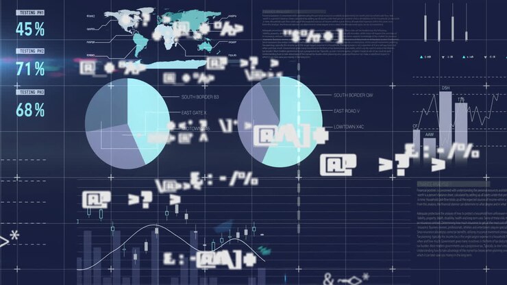 Financial data analysis and statistics animation over world map and charts