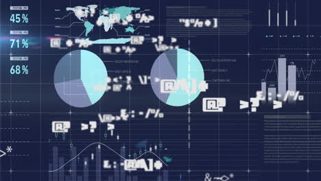 Financial data analysis and statistics animation over world map and charts