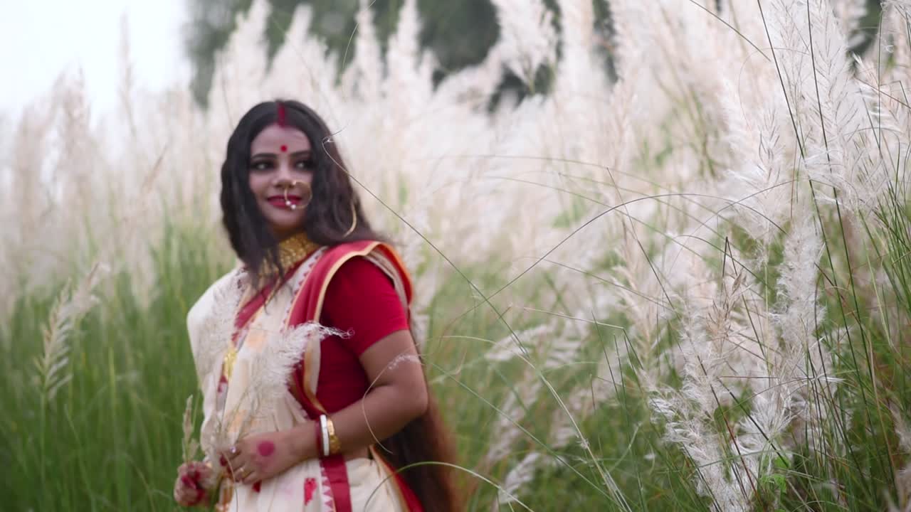 una juguetona e inocente mujer india bengalí que usa sari juega con la larga hierba blanca en un campo o durga puja o poyla boisakh, cámara lenta