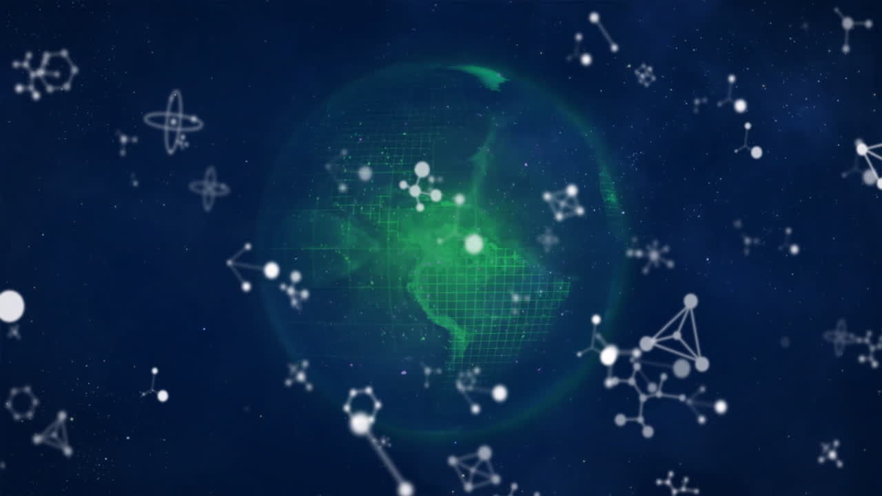Animation of Earth with digital network and molecular structures in space background