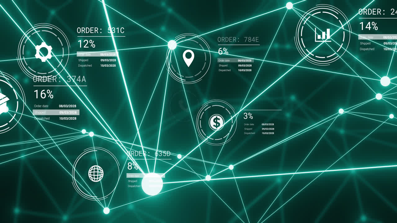 Animation of network of connections and data processing over dark background