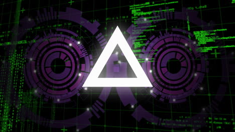 Geometric shapes and digital data processing animation over futuristic interface