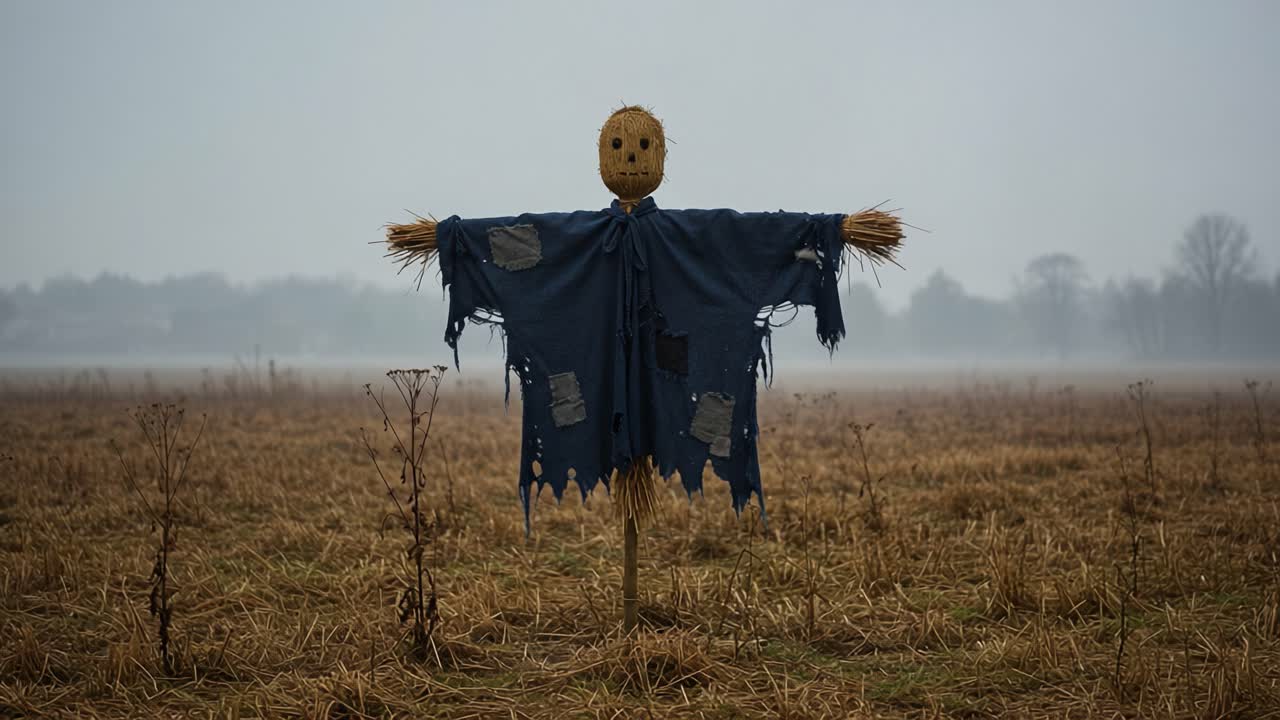 A solitary scarecrow stands watch over a foggy field, its tattered blue clothing fluttering gently in the cold breeze, embodying the quiet essence of rural life