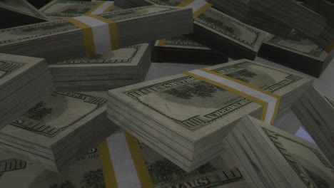 animation of stacks money notes, american $100 note  s on reflective background, push in video shoot, money and fortune concept
