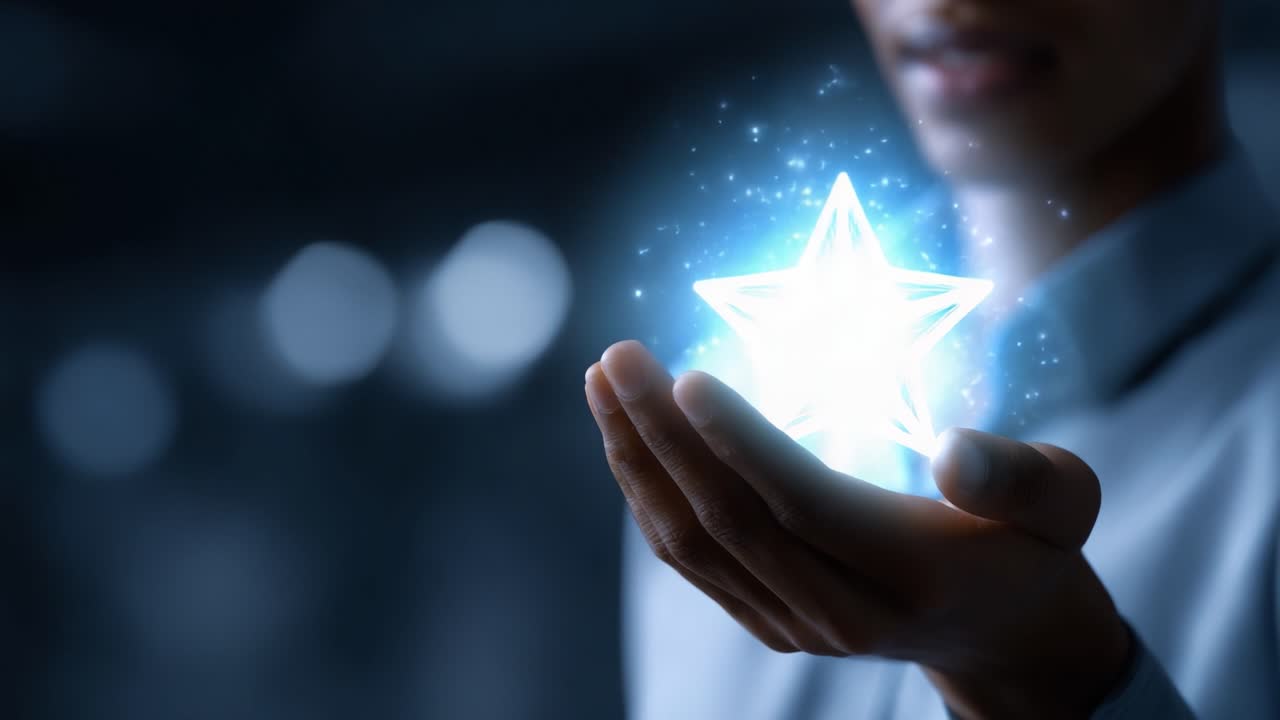 A captivating moment where a person holds a glowing star in their hand, illuminating the darkness with sparkles and bright light, symbolizing magic and creativity