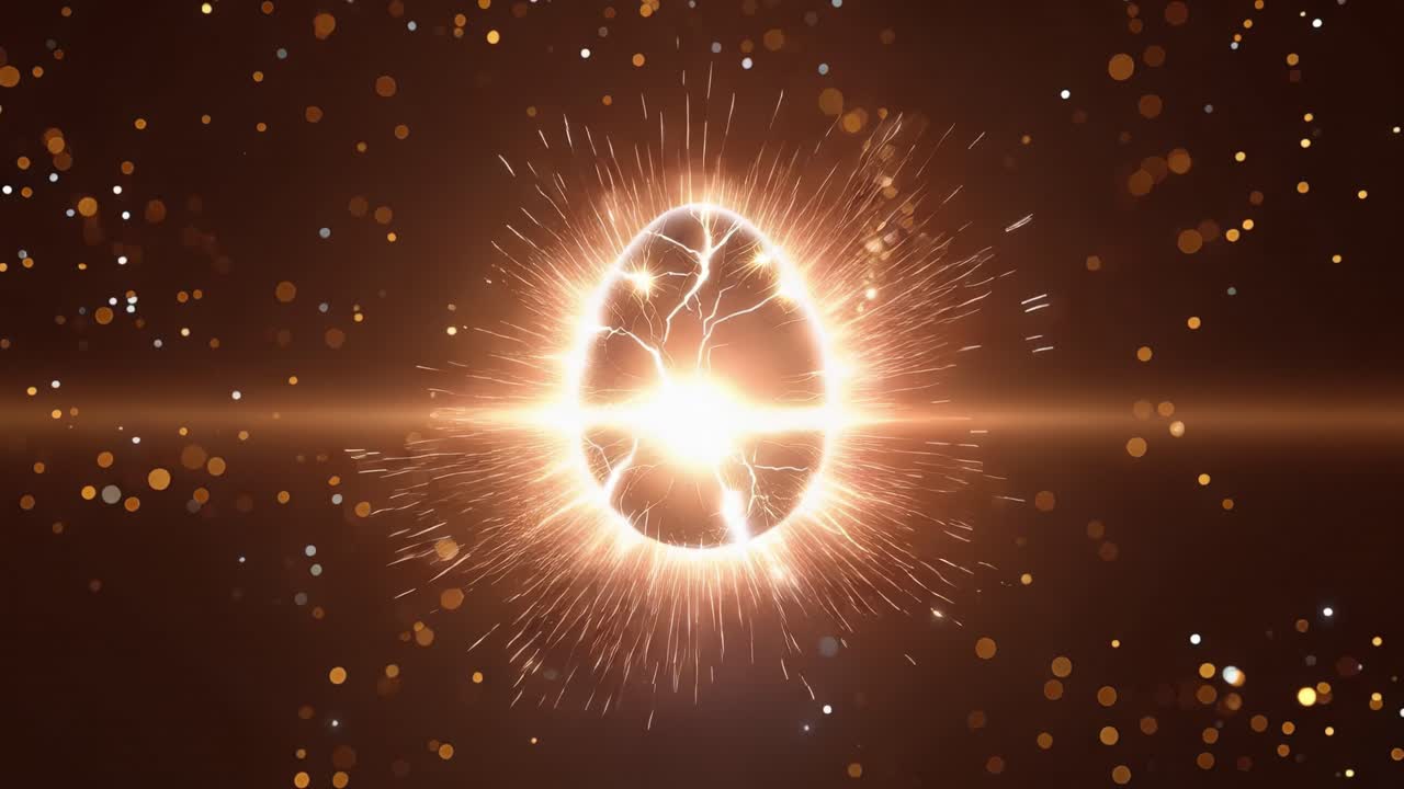 Gyldent æg pulserer i et kosmisk tomrum og gnistrer af energi. Lys strømmer udad og oplyser omkringliggende stjerner. En eksplosion af lys antyder kraftfuld transformation eller fødsel. Ideel til sci-fi, kosmiske temaer.